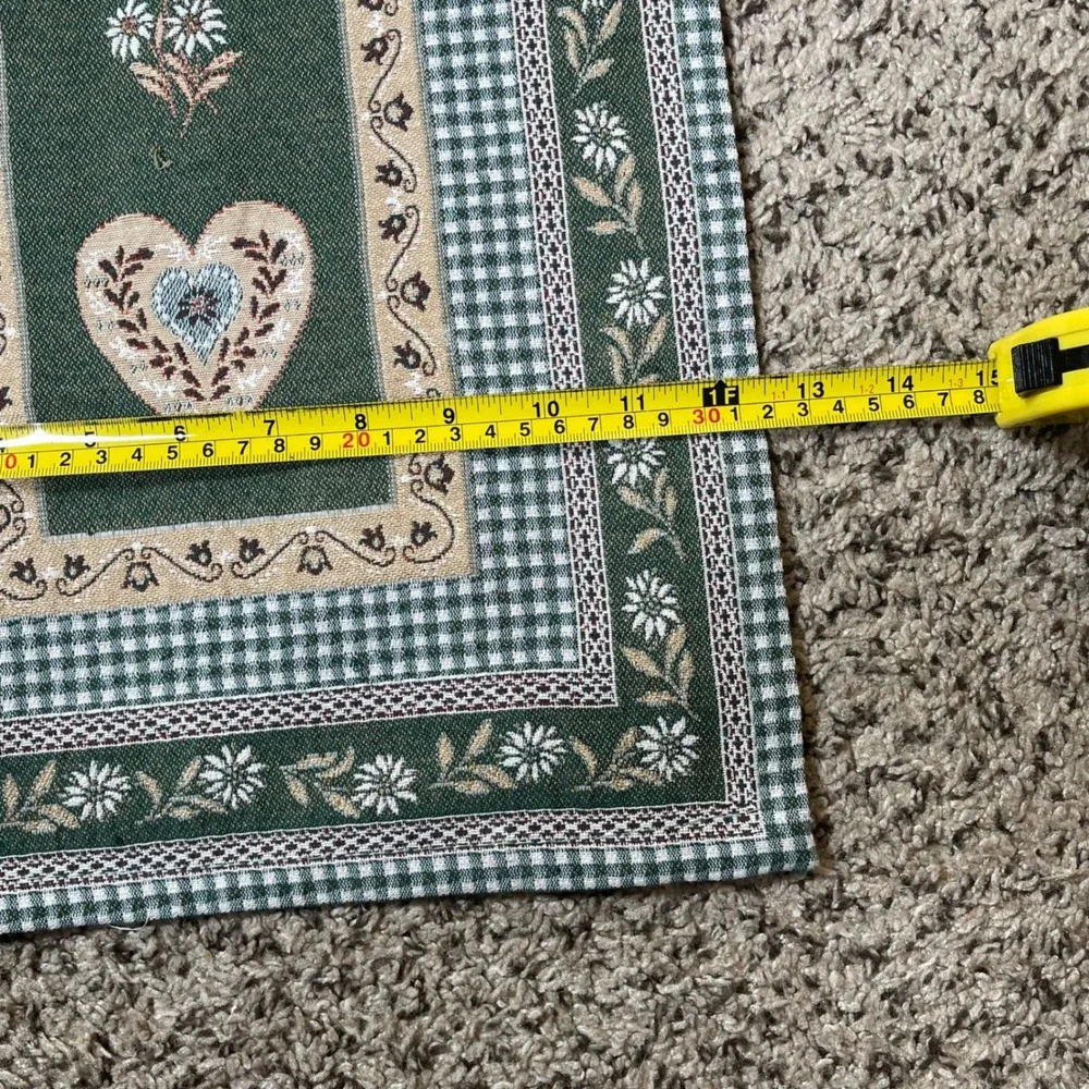 Vintage Tapestry Heart Gingham Floral Table Runner Green Italy Woven Cottagecore